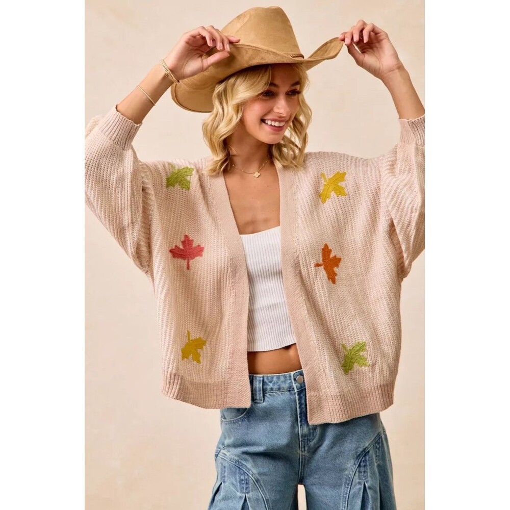 BiBi Two Tone Knit Cardigan with Leaf Appliqués